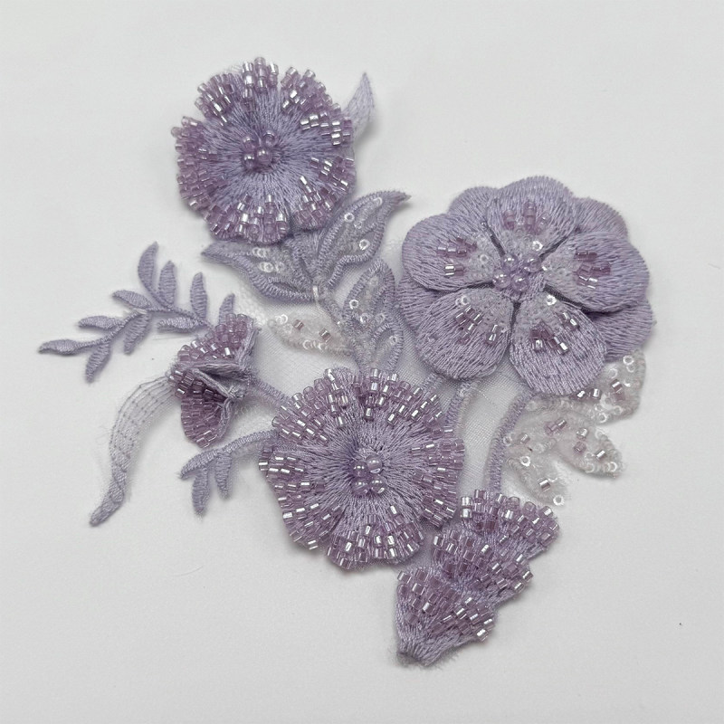 GCW-LQ032 Lavender Sequin Beaded Flower Cluster Applique for Bridal Dress